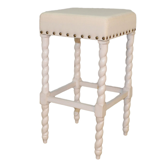 Faux Leather And Solid Wood Backless Bar Height Chair With Footrest 30" - Cream