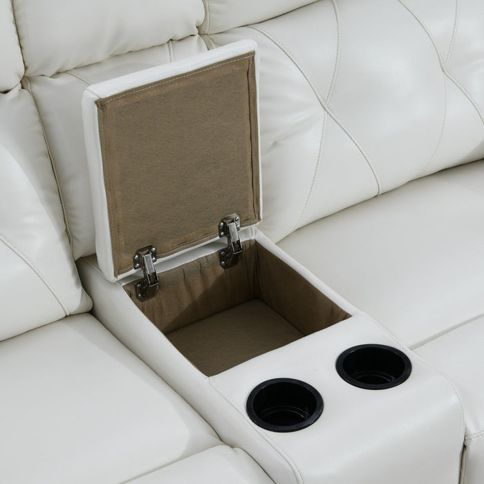White Leather Gel Cover Power Console Reclining Loveseat In Plushily Padded Seats Jewel Embellished Tufted Design Along With Recessed Arm