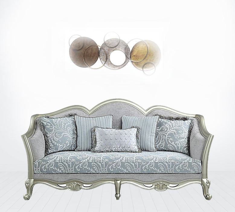 Sofa With Five Toss Pillows 85" - Light Gray Linen And Champagne