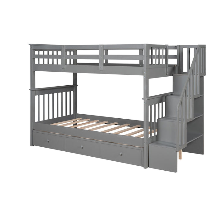 Twin over Twin Bunk Bed with Stairway and Drawers - Gray