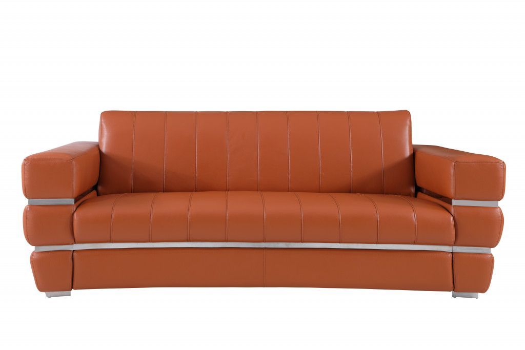 Chrome Accents Genuine Leather Standard Sofa 89" - Camel Brown
