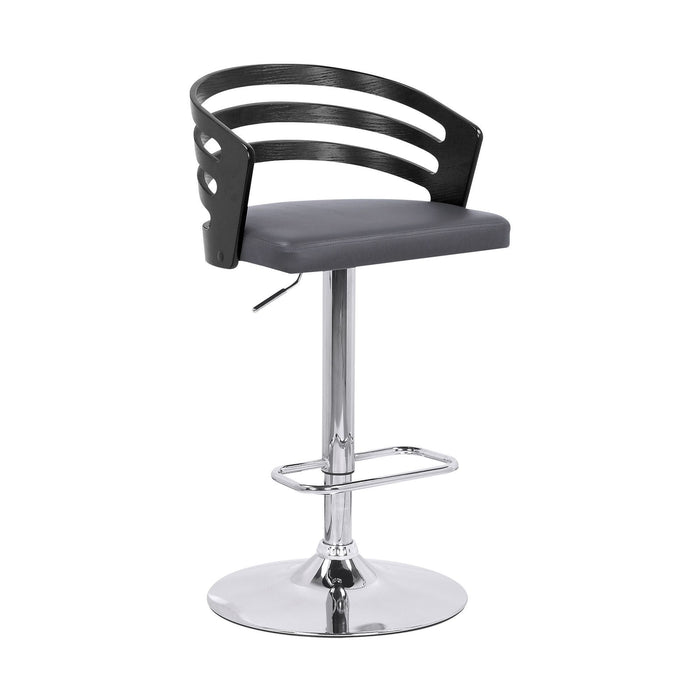 Faux Leather Black Wood and Chrome Adjustable Swivel Bar Stool -Gray