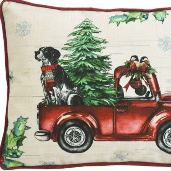 13"Lx18"H Dog Truck And Christmas Tree Throw Pillow - Red