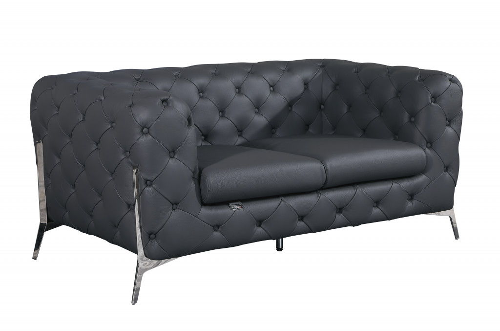 All Over Tufted Loveseat - Dark Gray And Chrome - Italian Leather