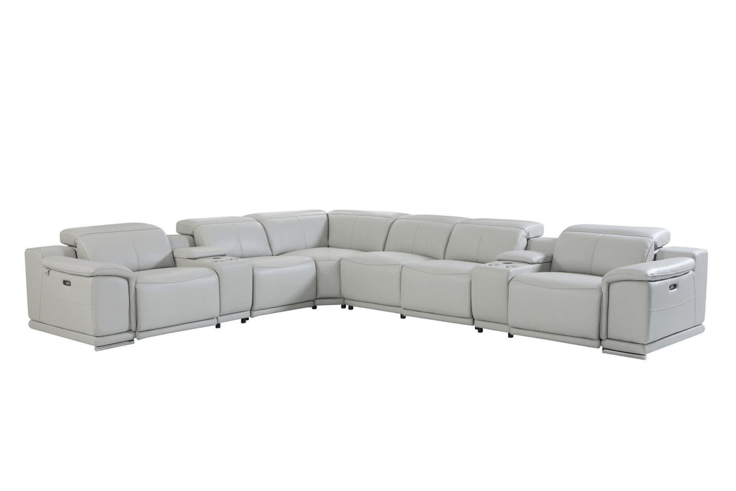 Italian Leather Power Recline L Shape Eight Piece Corner Sectional With Console - Light Gray