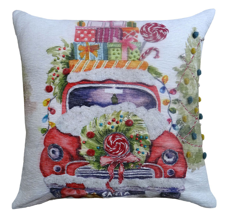 20"Lx 20"D Zippered Handmade Cotton Blend Christmas Holiday Van Throw Pillow With Pom Poms - Green And Red