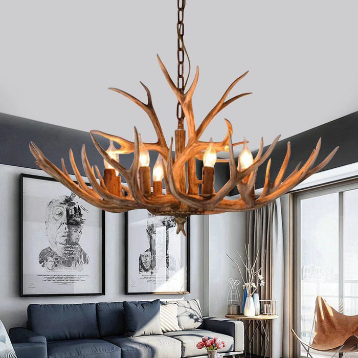 Super Stag Faux Antlers Six Light LED Chandelier - Brown
