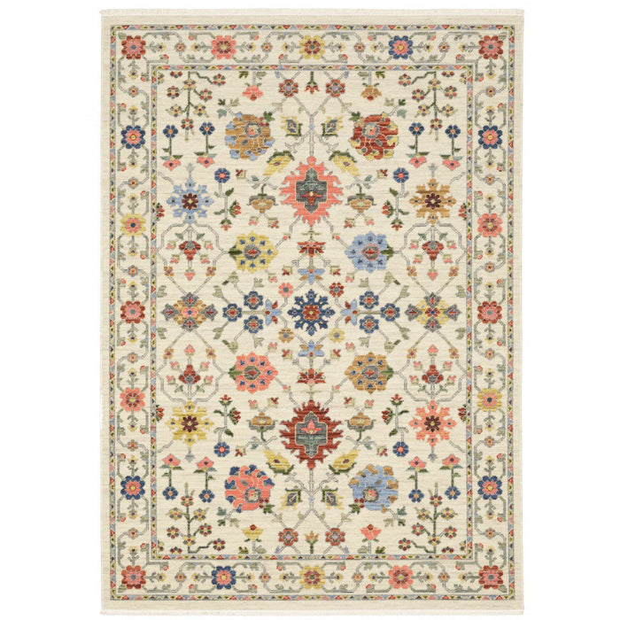Oriental Power Loom Stain Resistant Area Rug With Fringe - Ivory Salmon Pink Gold Blues Grey Rust And Green - 10' X 13'