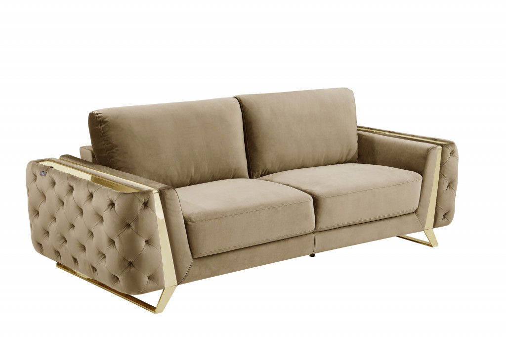 Stainless Steel Sofa 90" - Beige Velvet And Gold