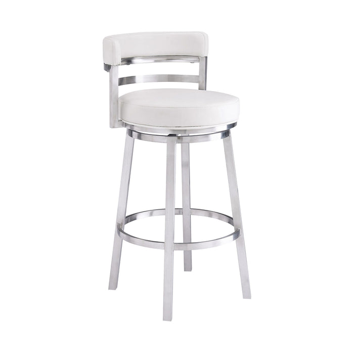 Faux Leather Swivel Low Back Bar Height Chair With Footrest 39" - White And Silver