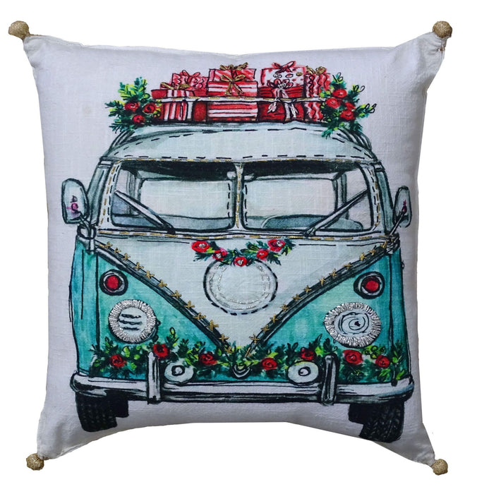 18"Lx18"D Zippered Handmade Cotton Blend Christmas Holiday Van Throw Pillow With Embroidery - Red And Green