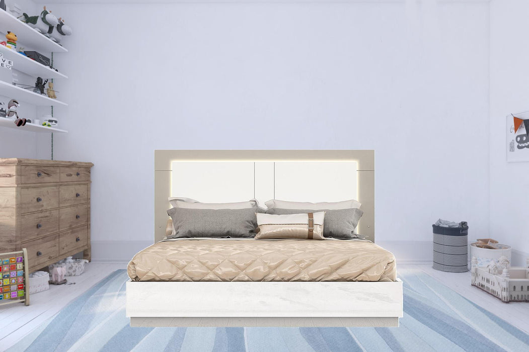 King High Gloss Bed Frame with LED Headboard - White and Taupe
