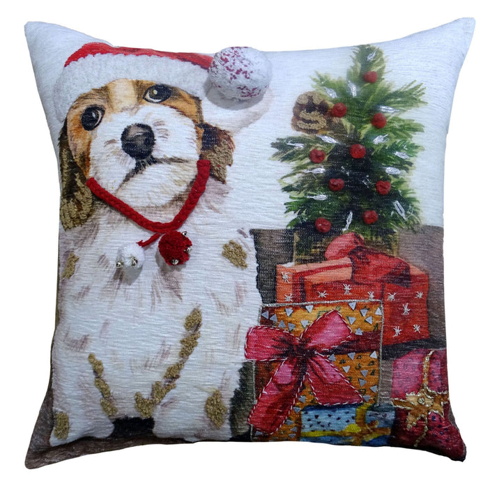 20"Lx20"D Dog Zippered Handmade Cotton Blend Christmas Throw Pillow With Pom Poms - Red And White