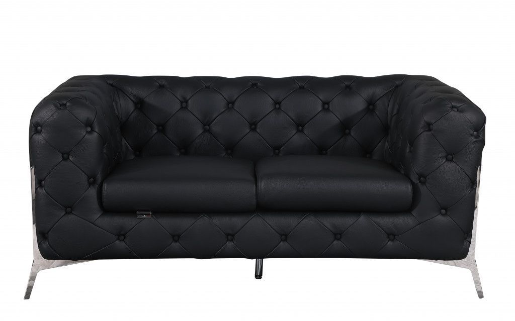 Tufted Loveseat - Black - Italian Leather And Chrome
