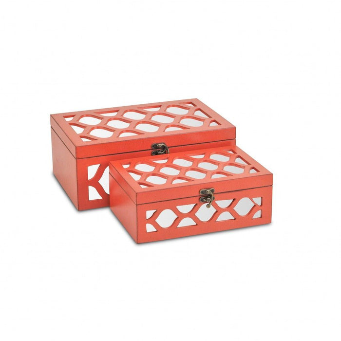 Quatrefoil Mirror Jewelry Storage Boxes (Set of 2) - Coral
