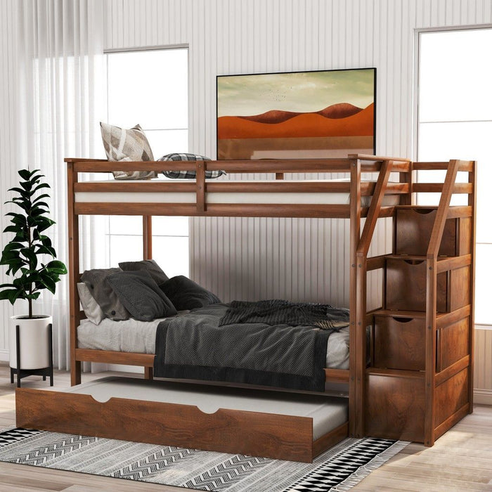 Twin Over Twin Bunk Bed with Trundle -Walnut
