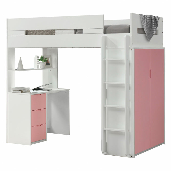 Twin Loft Bed And Desk - White And Pink