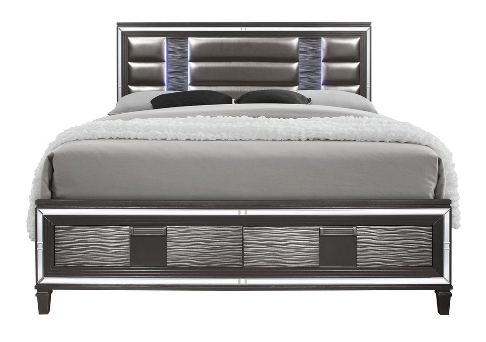 Majestic Metallic Queen Bed With Led Lightning Upholstered Headboard 2 Footboard Drawer - Gray