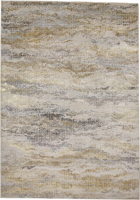 Abstract Stain Resistant Area Rug - Gold Gray And Ivory - 12' X 15'