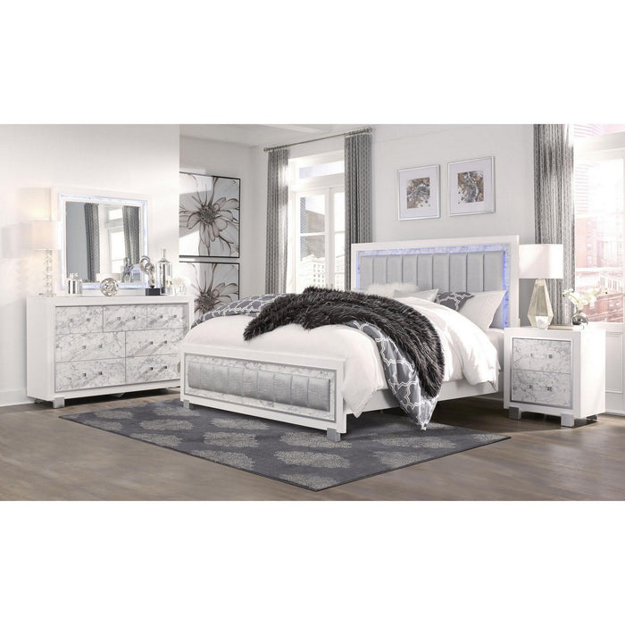 Modern Luxurious Queen Bed With Padded Headboard Led Lightning - White
