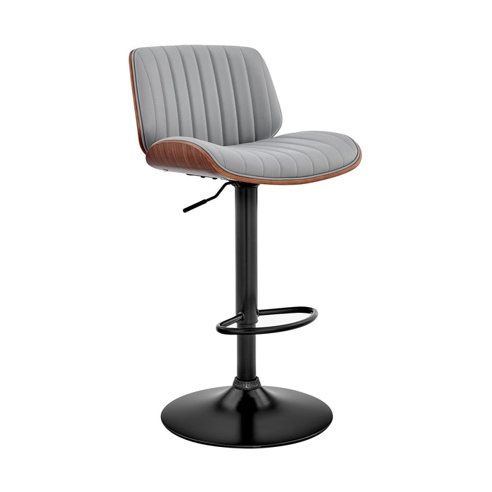 Adjustable Faux Leather Black Steel and Walnut Bar Stool - Gray