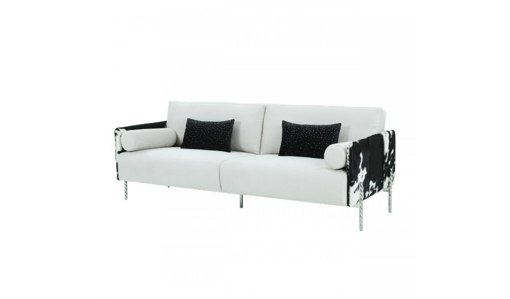 Faux Cowhide and Silver Sofa 89" - White