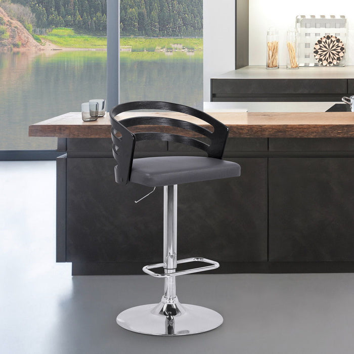 Faux Leather Black Wood and Chrome Adjustable Swivel Bar Stool -Gray