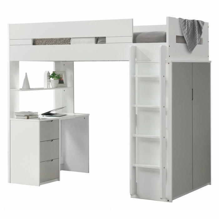 Twin Loft Bed And Desk - White And Gray
