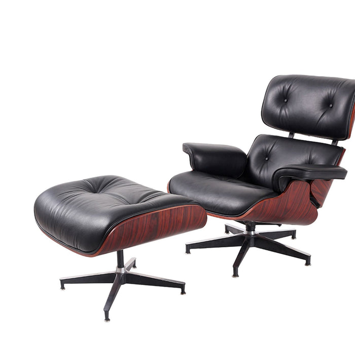 Tufted Leather And Dark Brown Swivel Lounge Chair with Ottoman 35" - Black