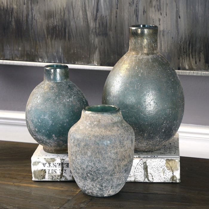 Mercede - Weathered Vases (Set of 3) - Blue-Green