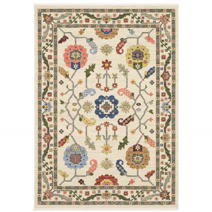 Oriental Power Loom Stain Resistant Area Rug With Fringe - Ivory Green Blues Pink Yellow Rust Brown Tan And Grey - 10' X 13'