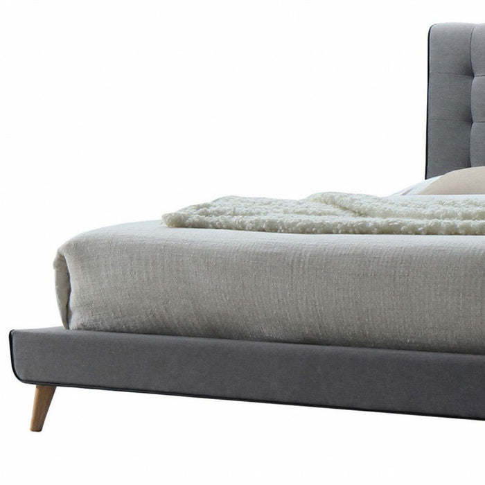 Buttonless Tufted Fabric Queen Bed With Natural Finish Legs - Light Gray