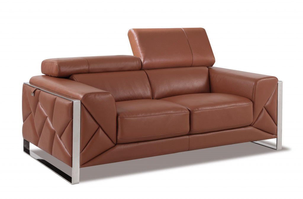 Loveseat - Camel Brown - Italian Leather And Chrome